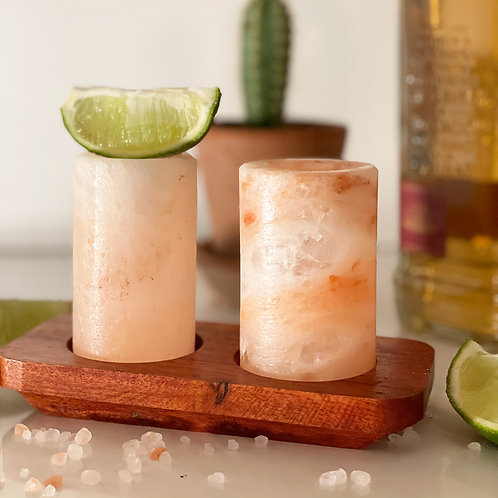 Himalayan Salt Shot Glasses & Wood Serving Stand