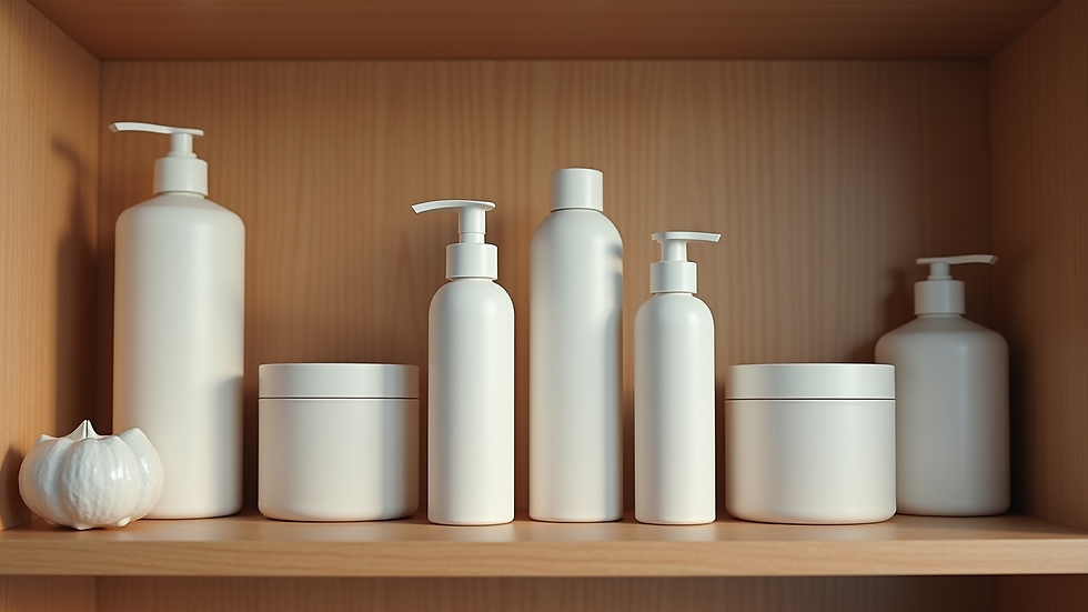 Eye-level view of hair care products arranged neatly on a wooden shelf