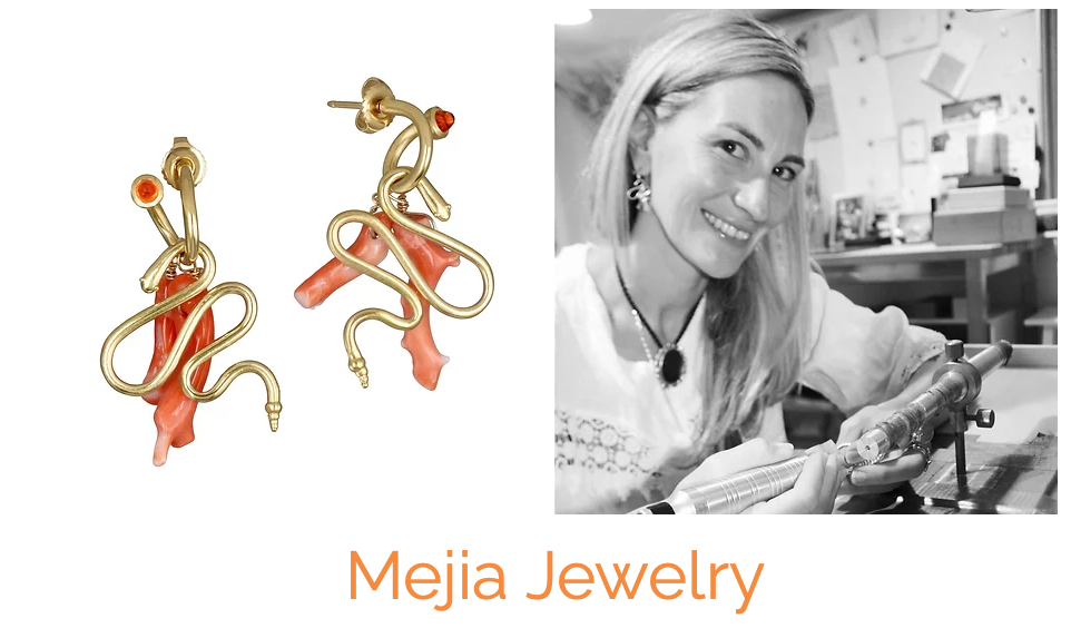 yellow gold snake charm earrings with coral branches and mandarin garnet hoops