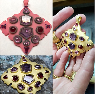 wax carving of pendant and final large gold pendant with colorful gemstones