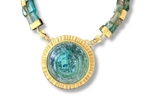 Green ancient roman glass and 22k yellow gold necklace by patricia kolodny