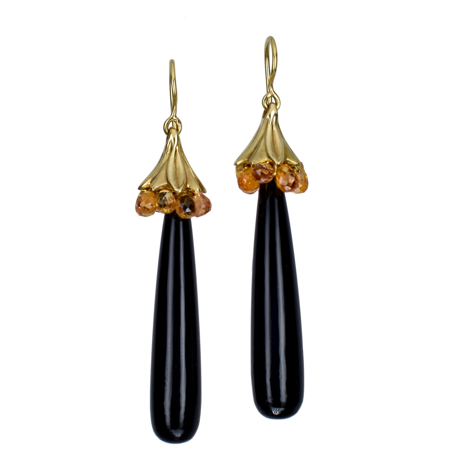 Art Deco Gold Leaf Cap Sapphire and Black Onyx Dangle Earrings by Mejia Jewelry