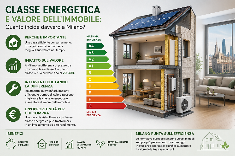 Infografica sulla classe energetica degli immobili a Milano. Mostra una casa ad alta efficienza con pannelli solari, la scala energetica da A4 a G e i principali vantaggi dell'efficientamento energetico, tra cui risparmio sui consumi e aumento del valore dell'immobile.