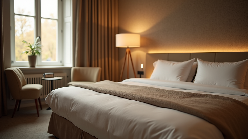 Eye-level view of a cozy hotel room featuring a comfortable bed