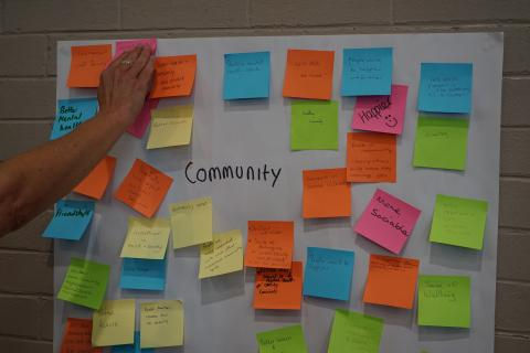 Hand placing pink sticky note on board with colorful notes. "Community" written in center. Background is a gray wall.