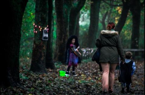 Child dressed as a witch in the forest and another child being walked