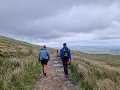 walkers on moor with grass around them