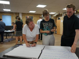 Three people looking at bit pieces of paper as part of a workshop