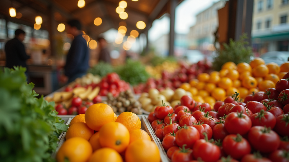 Eye-level view of a vibrant market stall filled with fresh fruits and vegetables