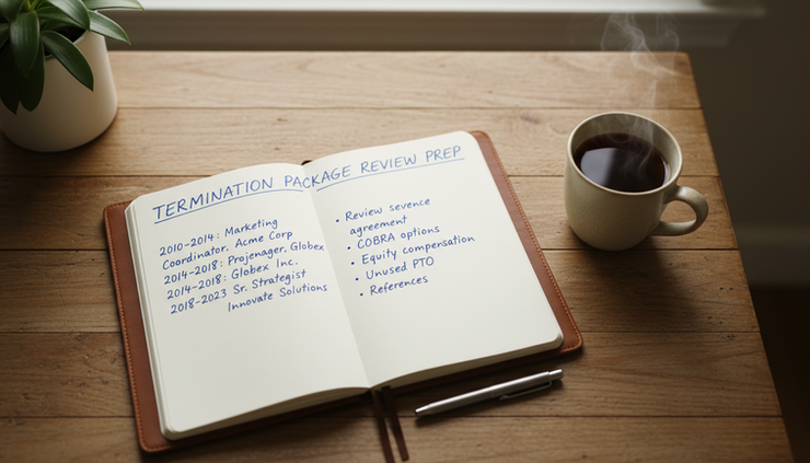 Overhead view of a notebook with a handwritten job-loss timeline beside a cup of tea