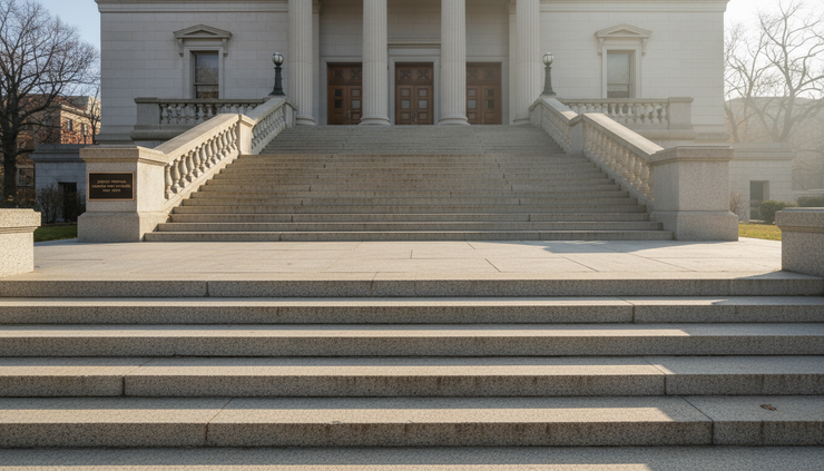 Wide-angle view of courthouse steps in soft morning light