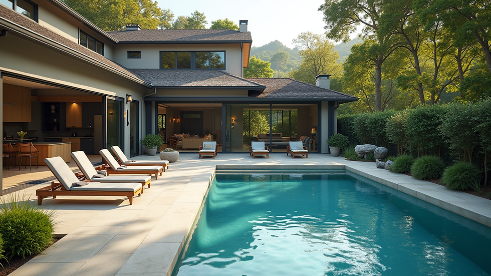 High angle view of a residential property with a large backyard and pool