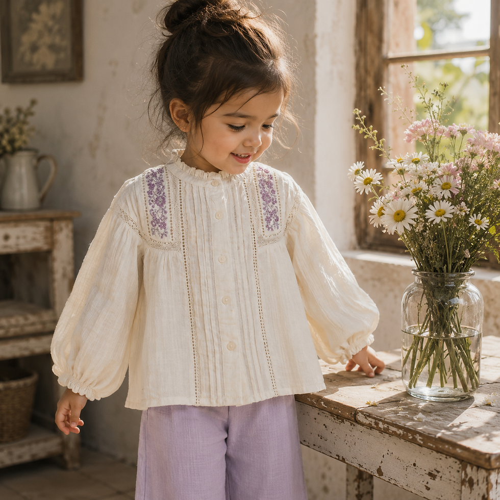 Young girl wearing an embroidered cream kidswear blouse