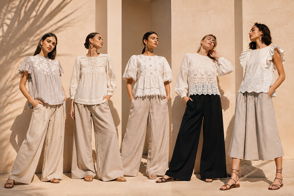 Five models wearing premium tops and blouses with wide-leg pants
