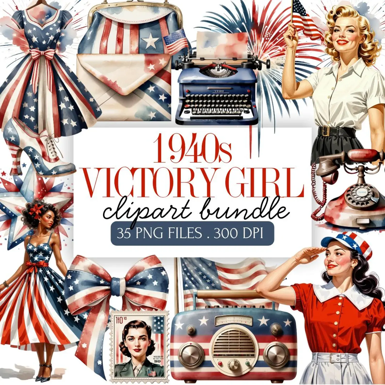 1940s Victory Girl Patriotic Clipart Bundle, Retro Pin-Up Girl PNGs