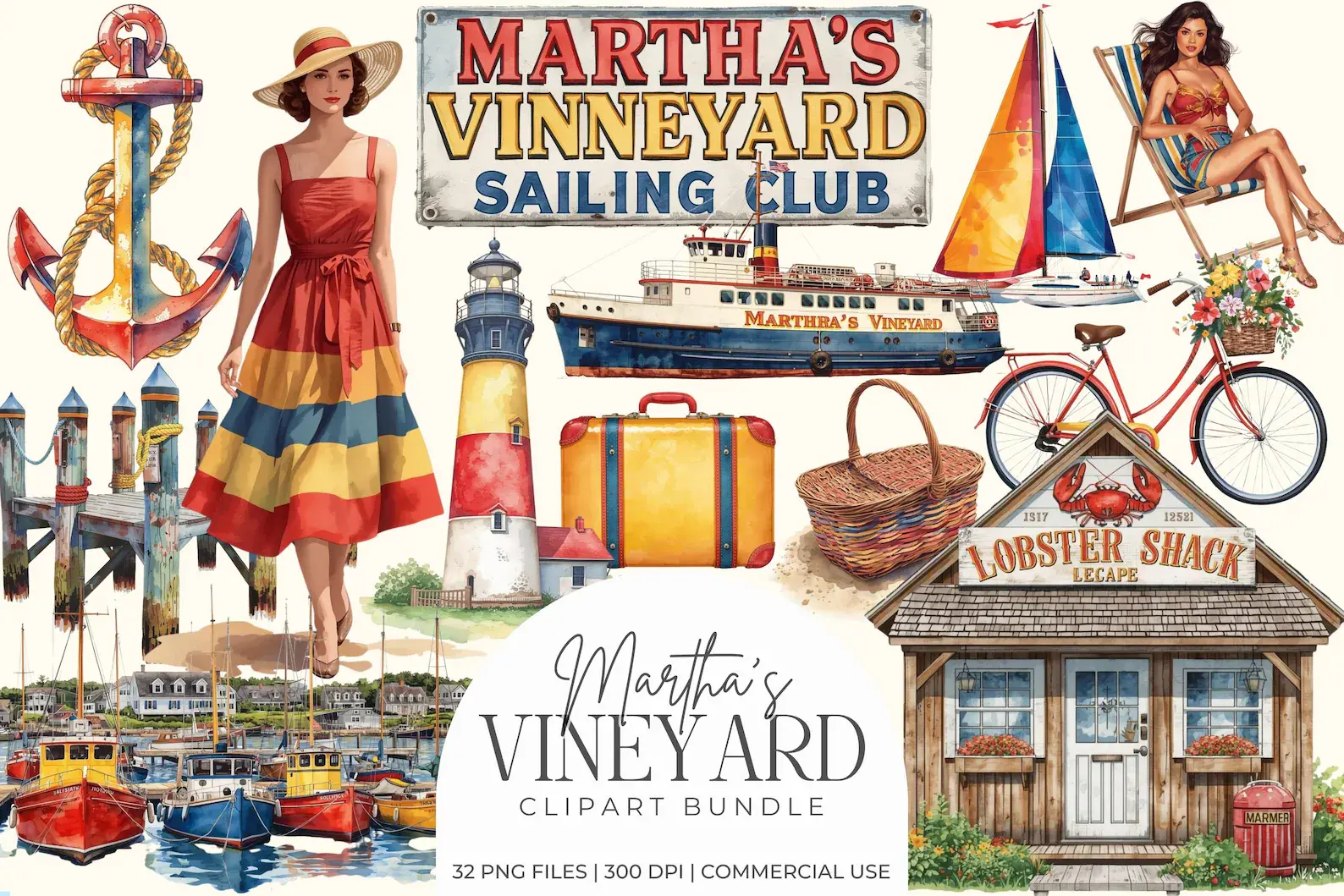 Martha's Vineyard Clipart Bundle, Vintage Coastal PNGs