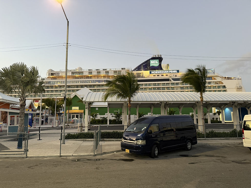 Norwegian Pearl cruise ship docked behind palm trees and a taxi at a quiet port with pastel buildings at dusk.