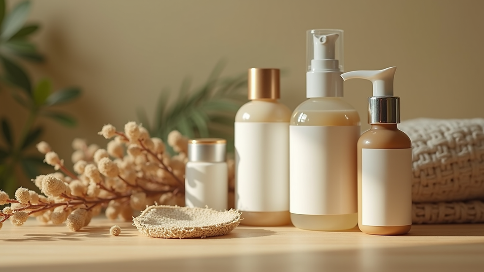 Close-up view of assorted plant-based skincare bottles on wooden surface