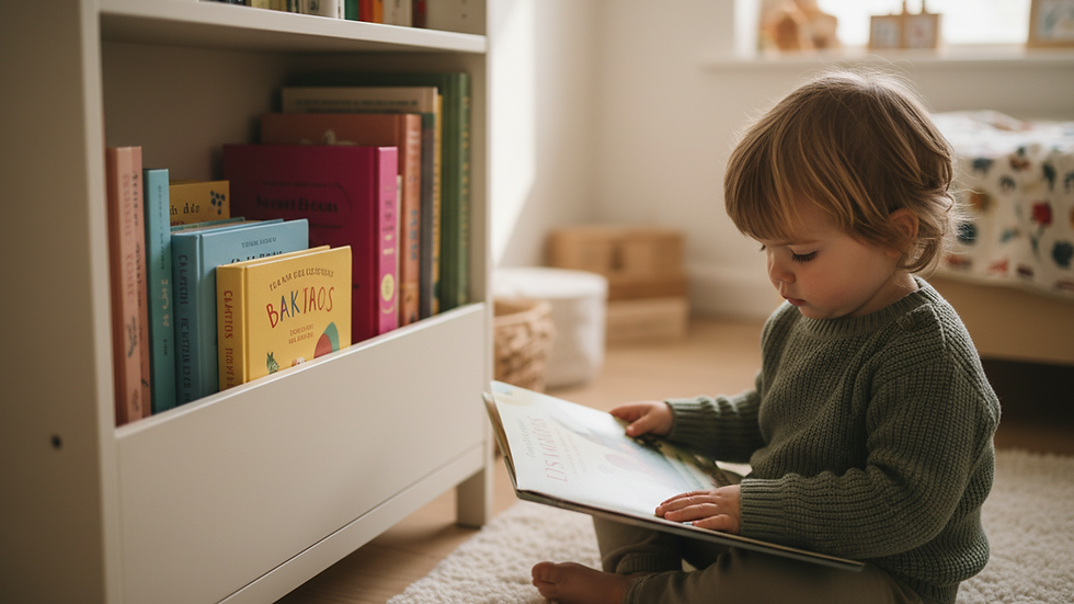 Eye-level view of a child’s bookshelf filled with colorful storybooks