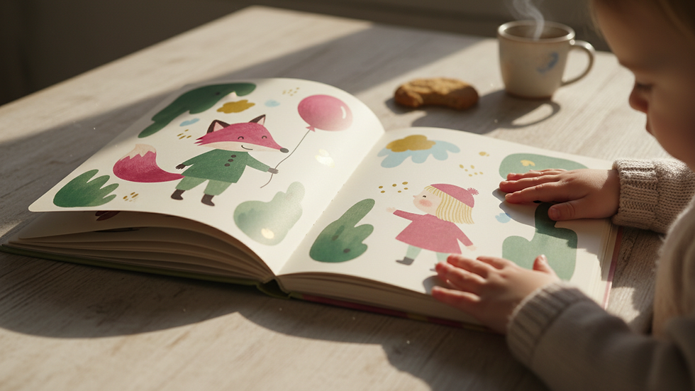 Eye-level view of a colorful children's book open on a wooden table