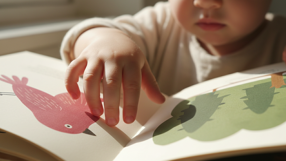 Close-up view of a child’s hand turning a page in a colorful picture book