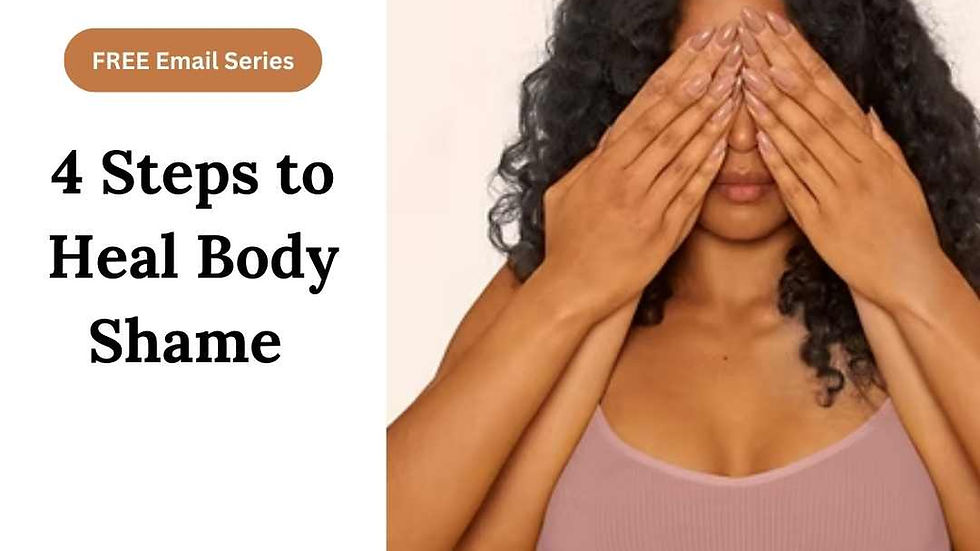 Woman in a pink top covering eyes with hands. Text reads “4 Steps to Heal Body Shame,” “FREE Email Series.” Neutral background.