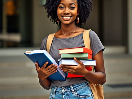 a young black woman carrying books in her hands