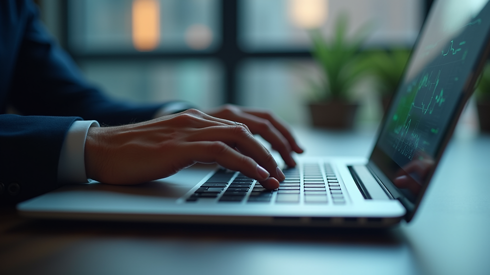 Close-up view of a financial analyst using AI-powered software on a laptop