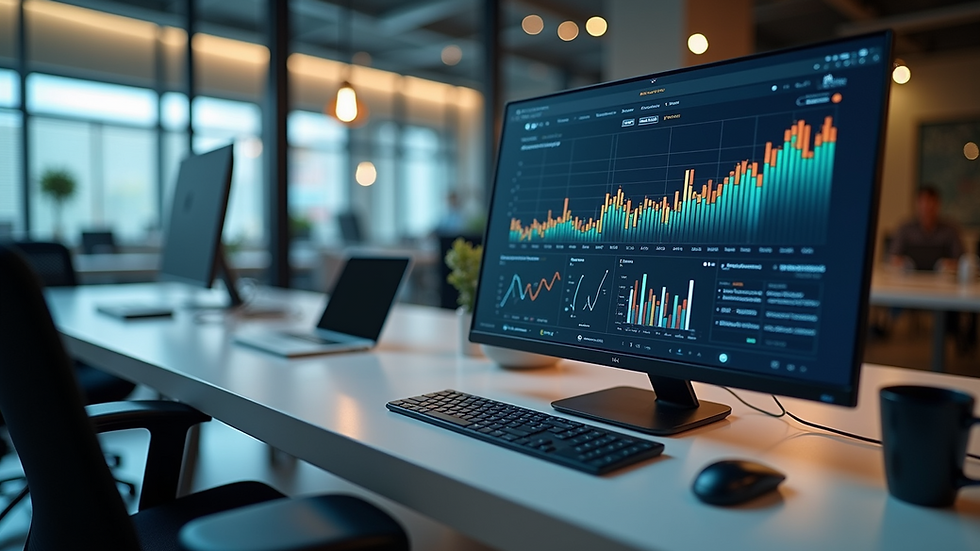 High angle view of a modern office workspace with analytics software