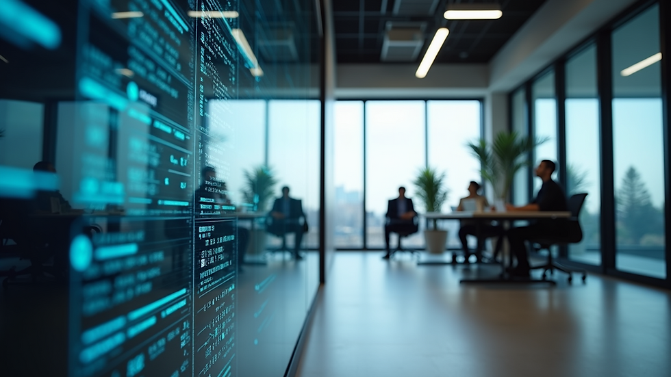 Eye-level view of a modern office featuring AI-driven technology