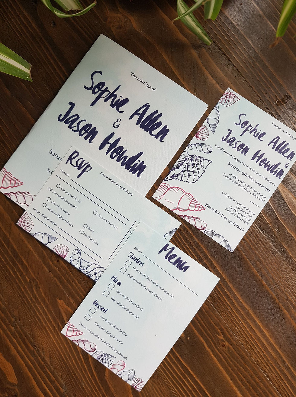 Beech inspired shells in red and blue wedding invites by Abi Lewis Design