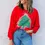 Thumbnail: Fiery Red Plaid Frayed Double Christmas Tree Patched Drop Shoulder Sweatshirt