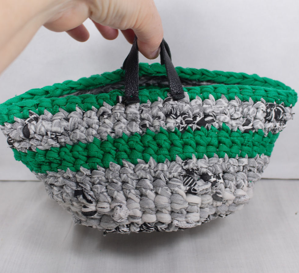 Miniature : Panier corbeille en tissu crocheté vert et gris.