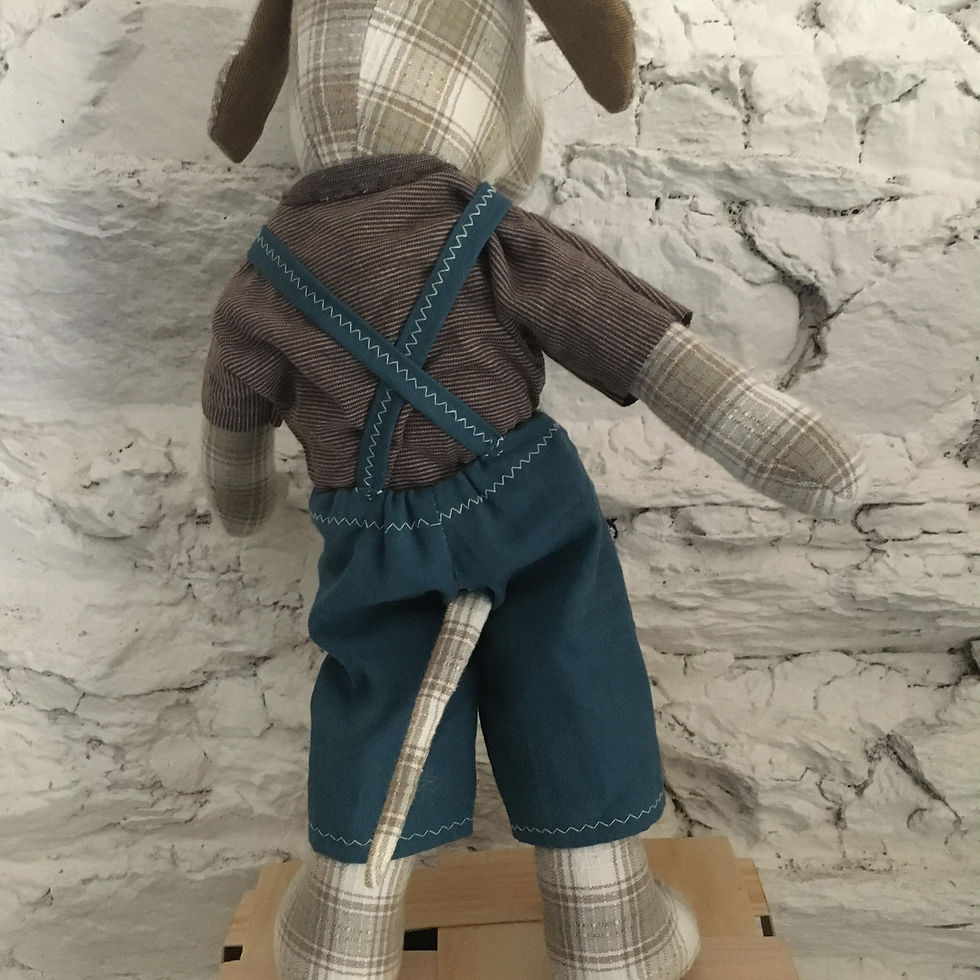 Miniature : Chien en tissu en salopette. Doudou.