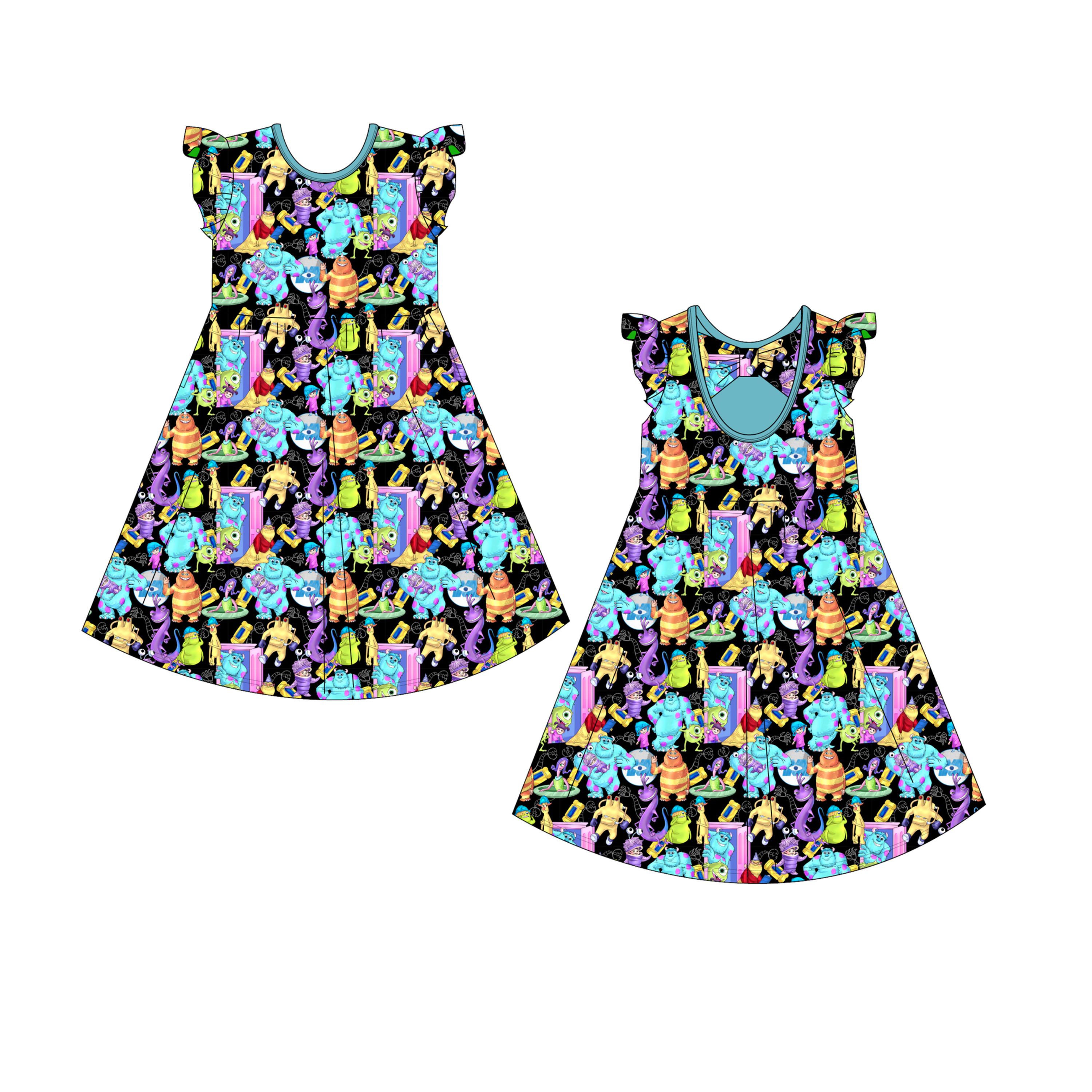 Always Watching Flutter Sleeve Bow-Back Twirl Dresses