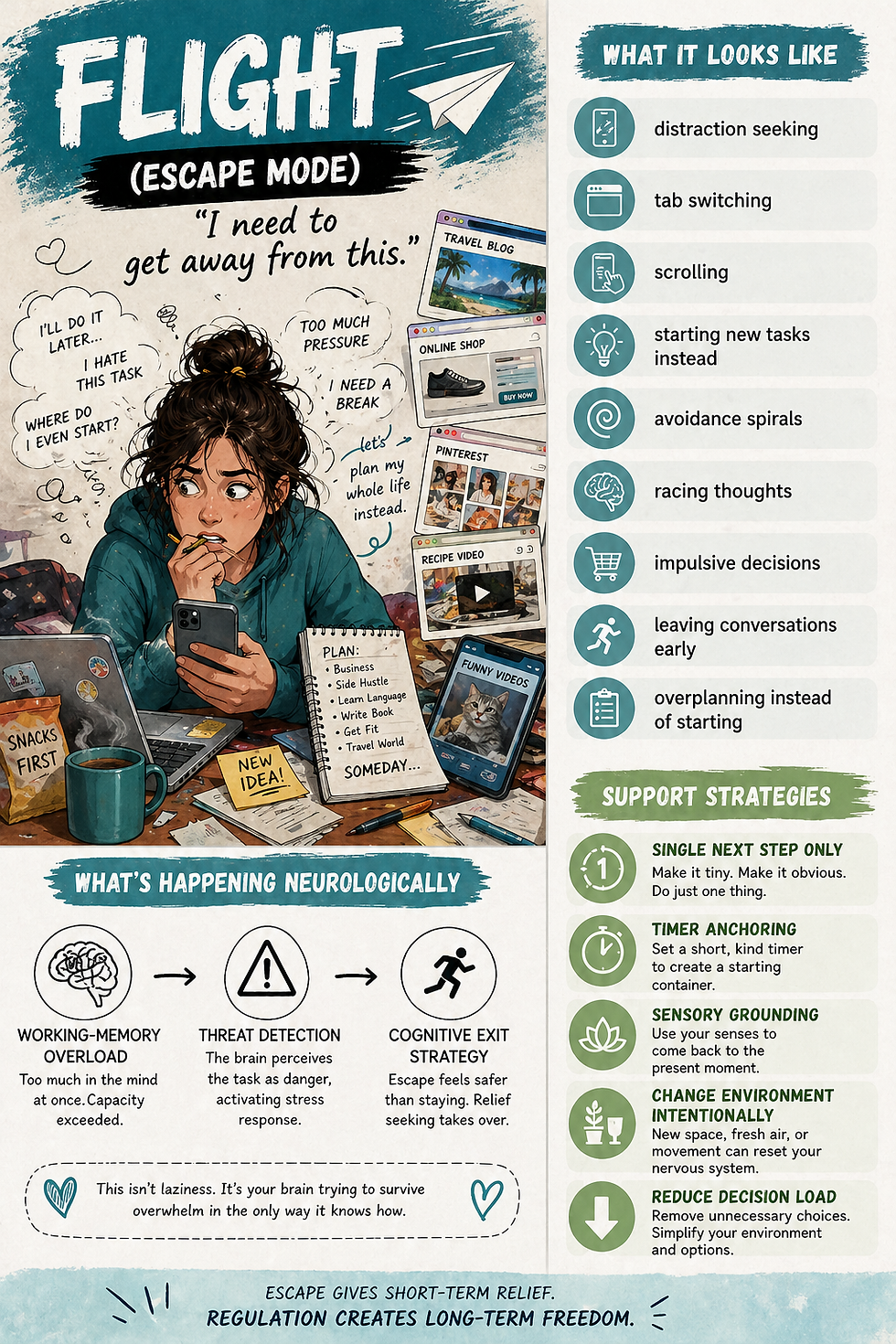 Illustrations showing ADHD freeze mode, ADHD flight mode and ADHD fight mode, including analysis paralysis, escape behaviours, urgency, overwhelm and support strategies.