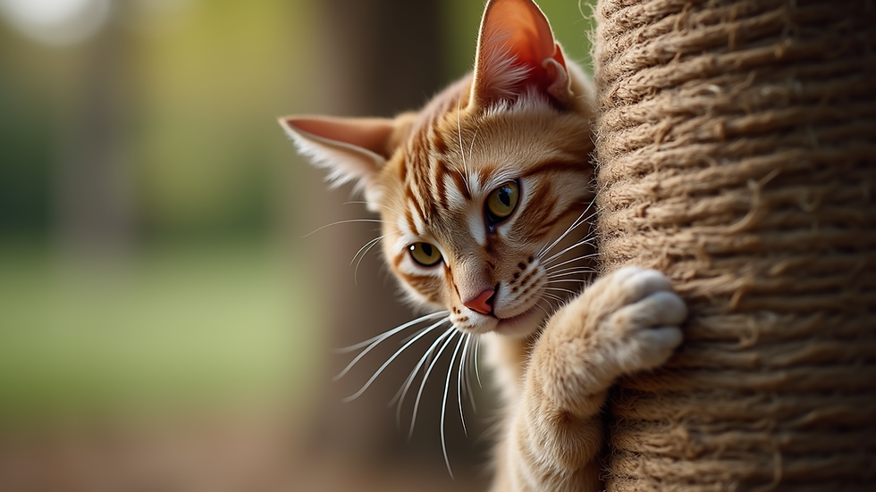 Close-up view of a large cat scratching a thick sisal post