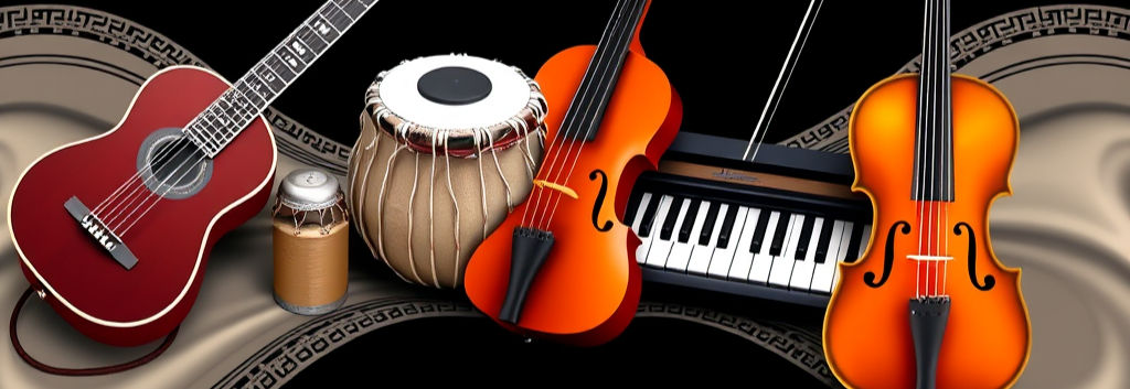 banner with 1_10 inch langth portrying multiple musical instruments like guitar, tabla, pi