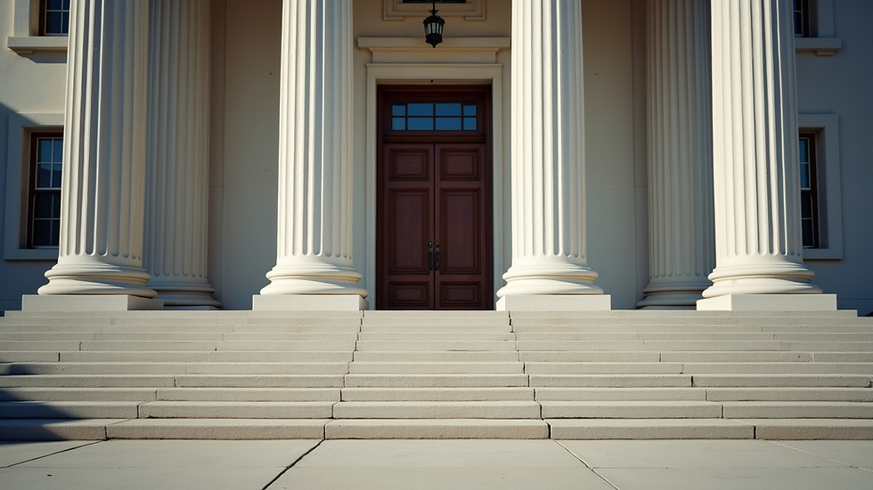 Eye-level view of courthouse entrance with steps and columns