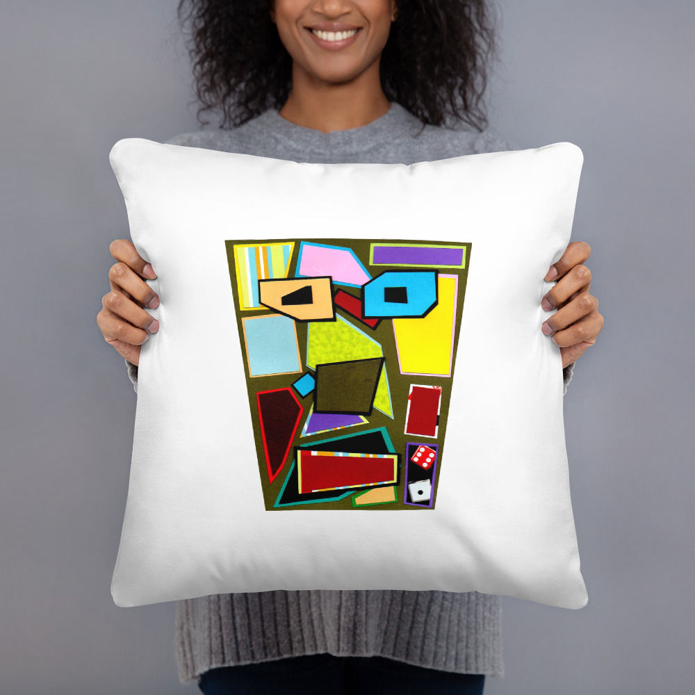 Woman holding "Scattered Mess" African Pillow