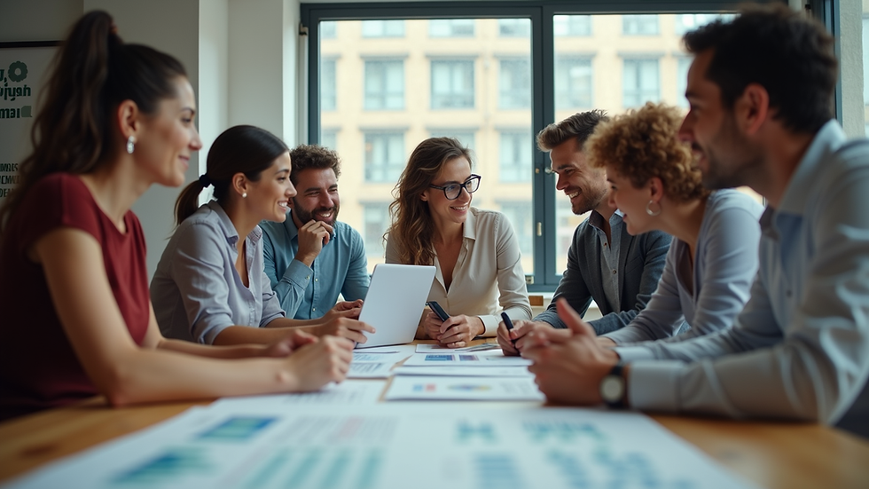 Eye-level view of a diverse group of people collaborating on a marketing project