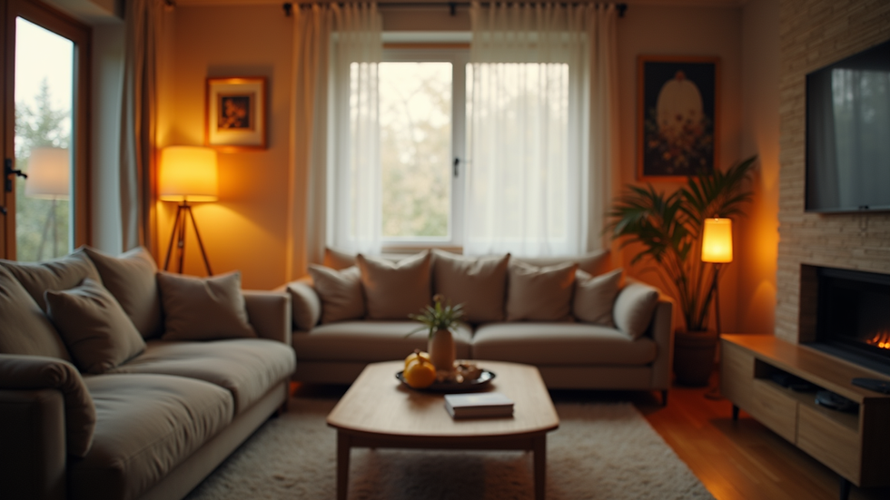 Eye-level view of a cozy living room with warm lighting
