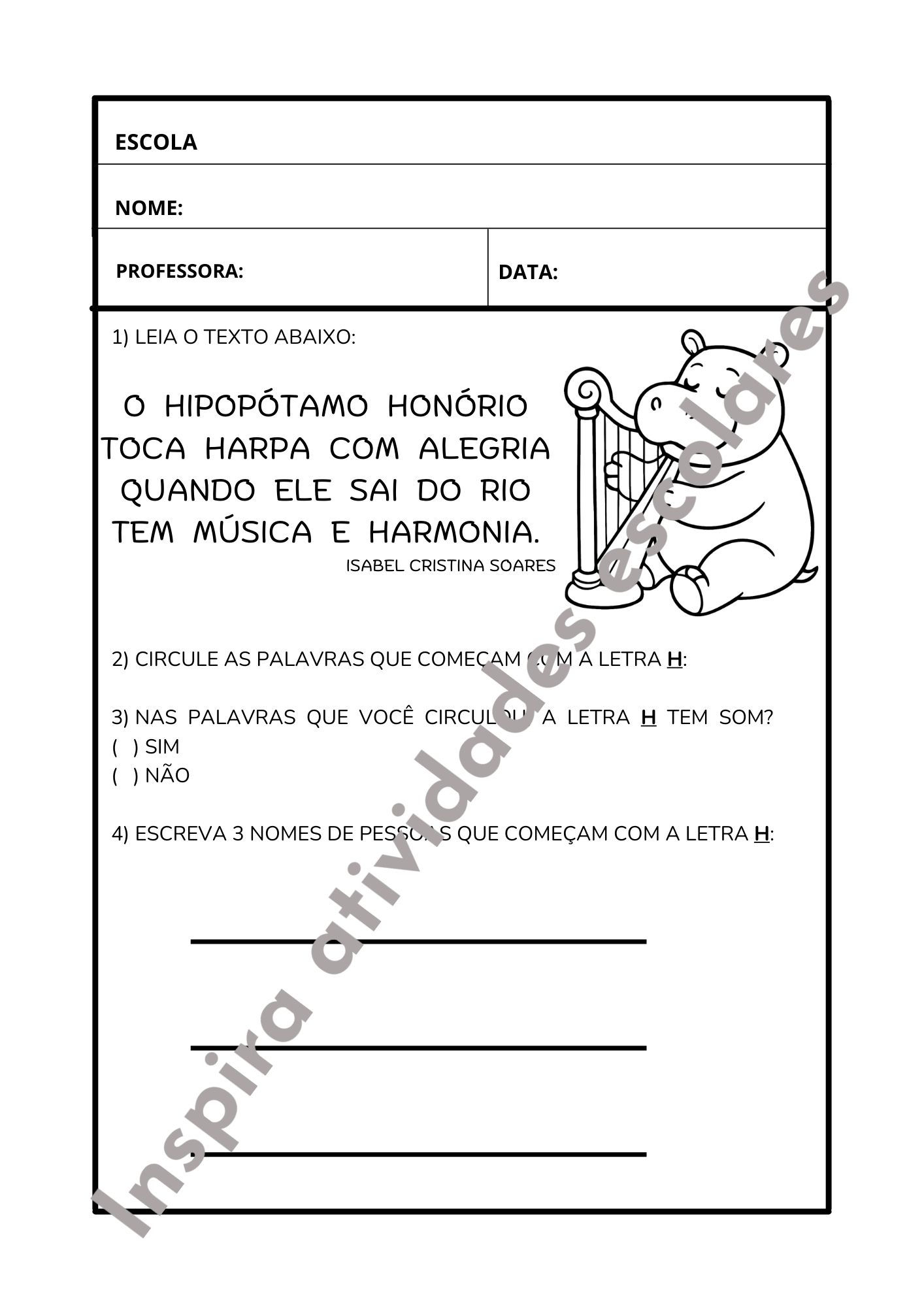 Letra H Hipopótamo