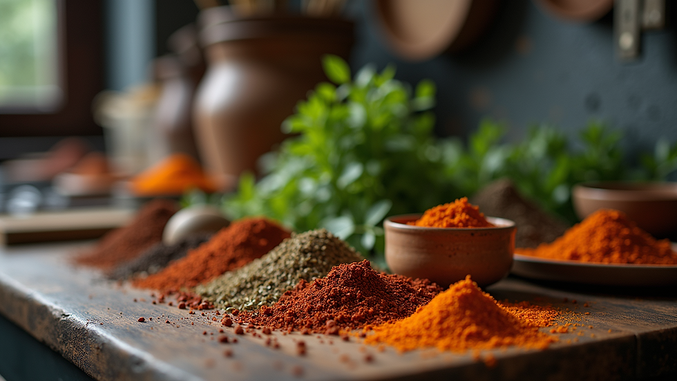 Eye-level view of a kitchen counter with Nepalese spices and cooking utensils