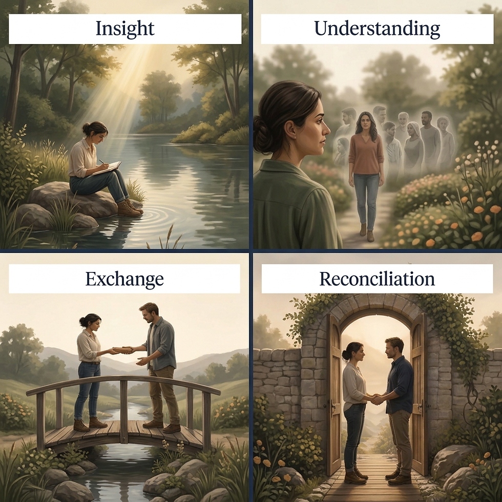 A square editorial illustration is divided into four equal panels in a 2×2 grid, labeled “Insight,” “Understanding,” “Exchange,” and “Reconciliation.” The top-left panel shows a person sitting beside a reflective lake with a journal, suggesting honest reflection and facing pain; the top-right shows a person viewing another figure through a peaceful natural setting, representing empathy and understanding; the bottom-left depicts two people meeting on a small bridge and exchanging an object, symbolizing careful communication and rebuilding trust; and the bottom-right shows two people approaching one another in a warmly lit, restored doorway, representing mutual change and reconciliation. The image uses soft natural light, muted greens and earth tones, cream accents, and a calm, contemplative mood.