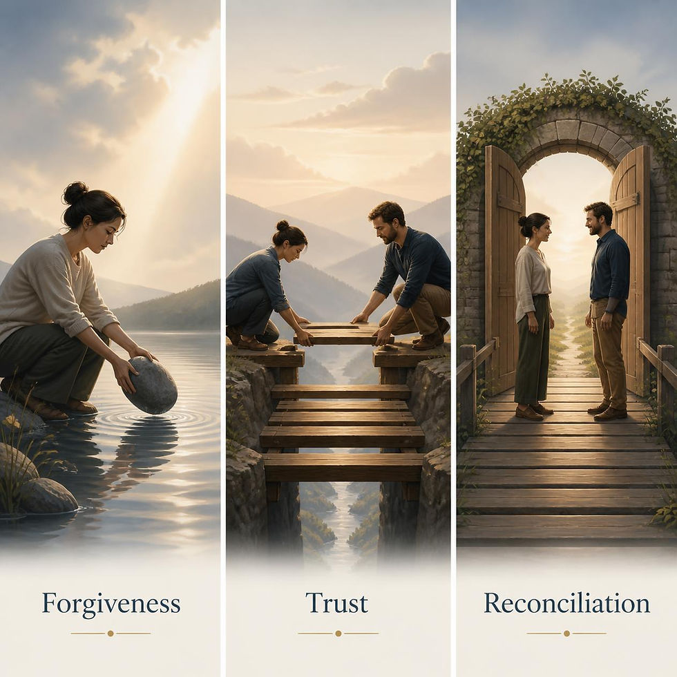 A three-panel editorial illustration contrasts forgiveness, trust, and reconciliation: on the left, a person releases a heavy stone into calm water beneath a soft beam of light; in the center, two people work together to rebuild a wooden bridge across a gap; and on the right, the pair meet safely at the entrance to a restored, plant-covered archway. The panels are separated by dark blue dividers and labeled “Forgiveness,” “Trust,” and “Reconciliation,” using a warm, muted palette of cream, navy, brown, and gold.