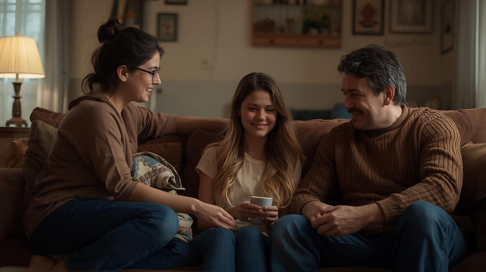 mom and dad talking with their teenage daughter on the couch