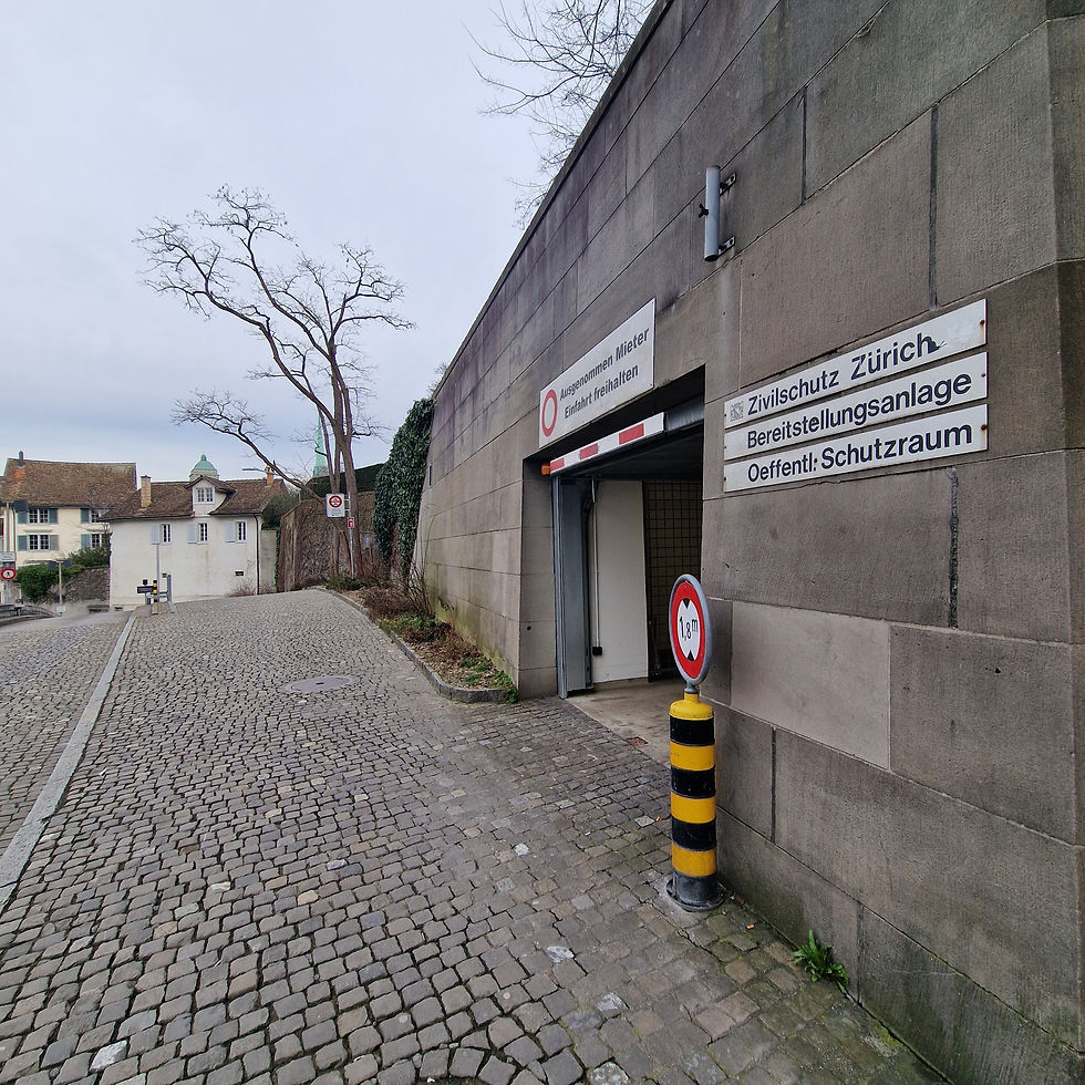 a coblled stone road with entrance to a bunker in Zurich