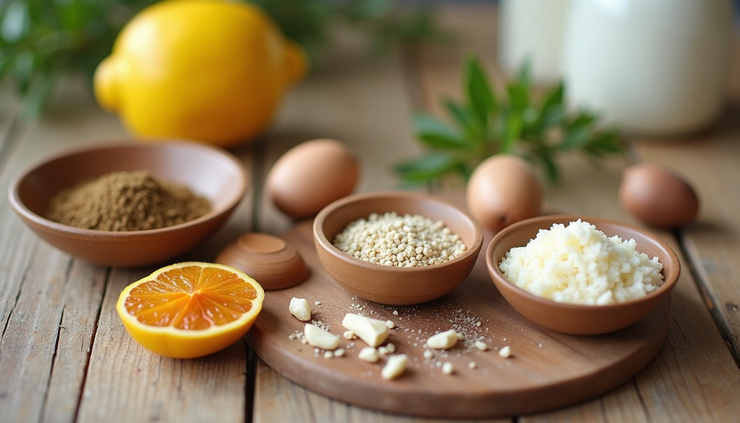 Close-up view of natural skincare ingredients including sunflower oil, kaolin clay, lavender, turmeric, oatmeal, and evening primrose oil arranged on a wooden surface