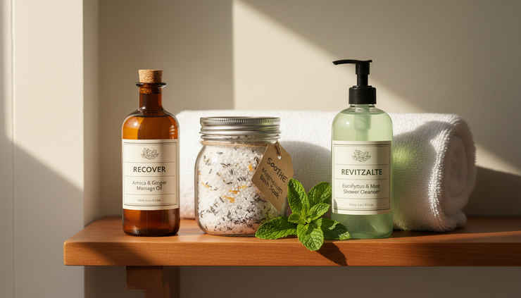 Eye-level view of homemade workout recovery products on a bathroom shelf